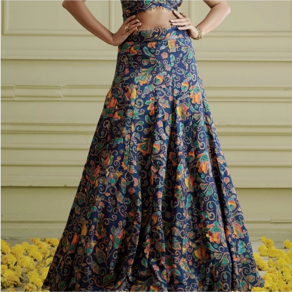 Blue Russian Silk Printed Lehenga Set